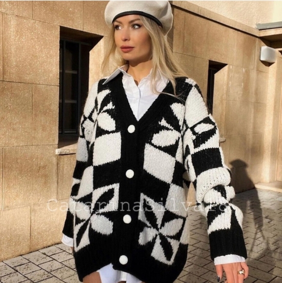 NWT* Zara Black White Checkered   Long Oversized Cardigan - Picture 6 of 16